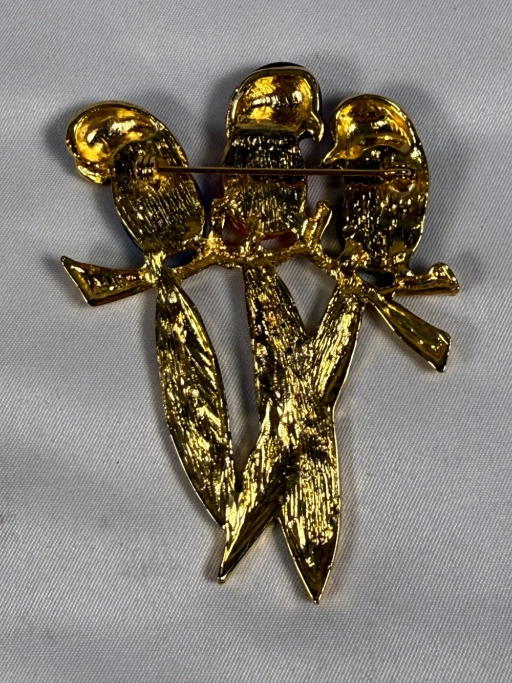 Vintage Colorful Three Bird Parrot Brooch Rhinestone Cat Eye Gold Tone